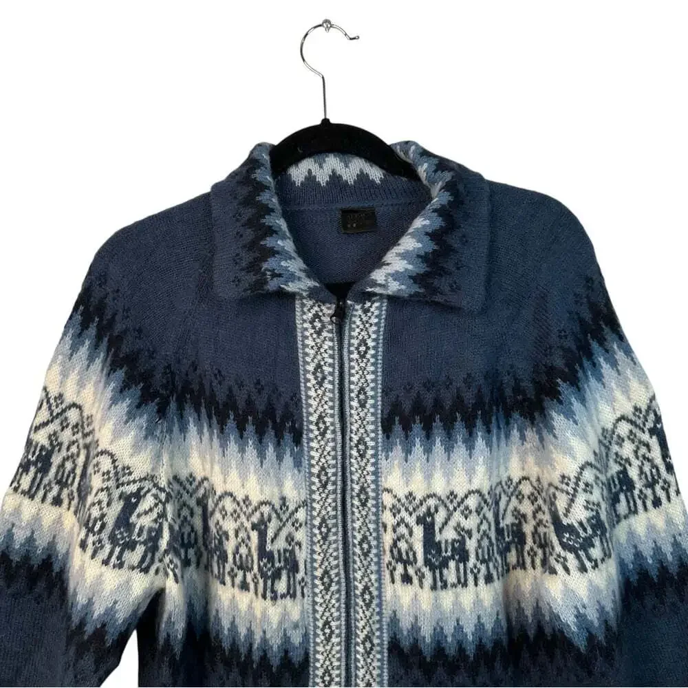 Alpaca Connection Peru Alpaca Cardigan Blue Fair Isle Cabincore Winter Large